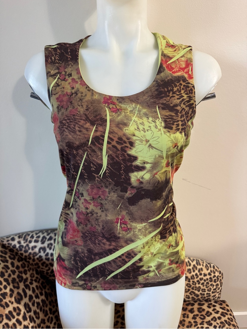 Y2K Floral Leopard Print Sleeveless Tank Top - Green/Brown